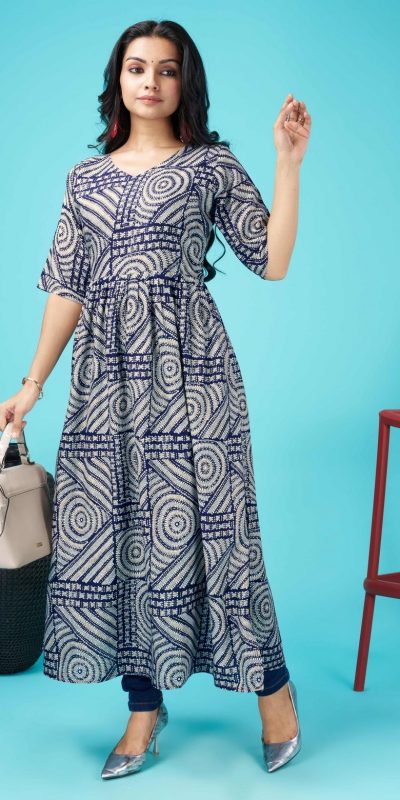 Glamorous Blue Color Rayon Foil Print With Dori Pattern Gown