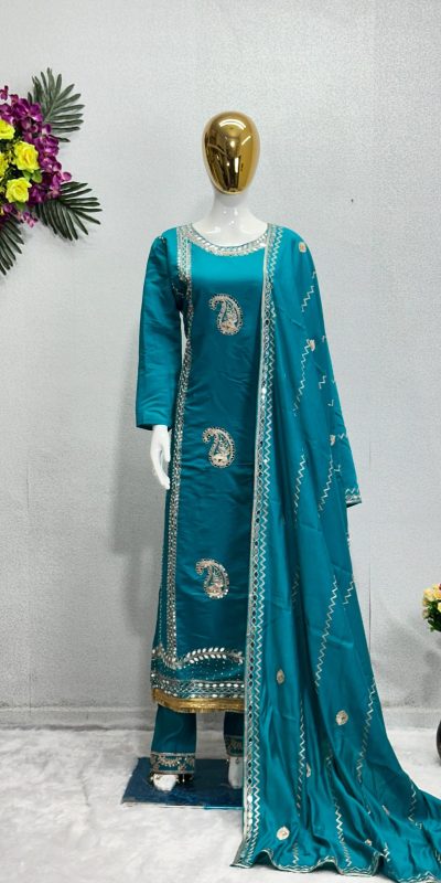 Gorgeous Blue Color Roman Silk Embroidered Salwar Suit