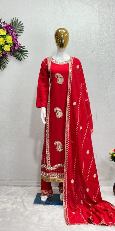 Gorgeous Red Color Roman Silk Embroidered Salwar Suit
