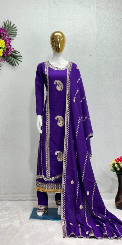 Gorgeous Violet Color Roman Silk Embroidered Salwar Suit