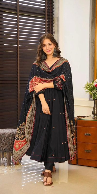 Grand Black Color Chinnon Silk Embroidery Work Salwar Suit