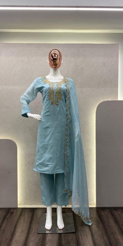 Grand Blue Color Organza Cording Embroidery Salwar Suit