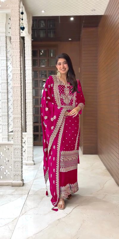 Grand Pink Color Chinnon Silk Embroidery Sequence Salwar Suit
