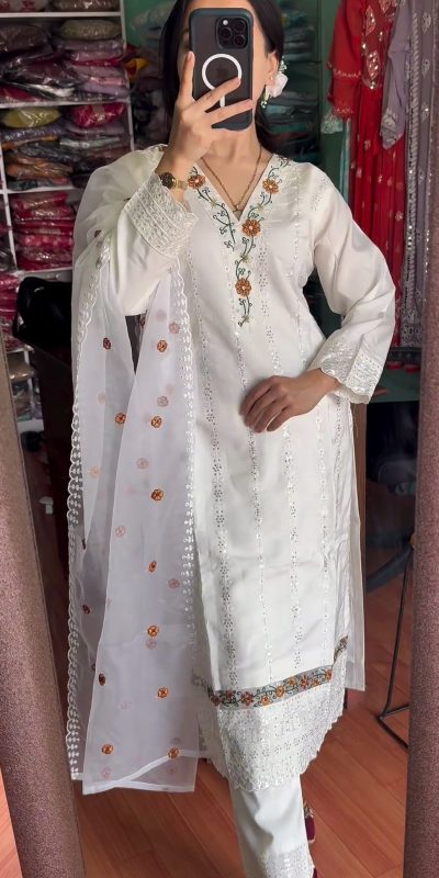 Grand White Color Georgette Embroidery Sequence Salwar Suit