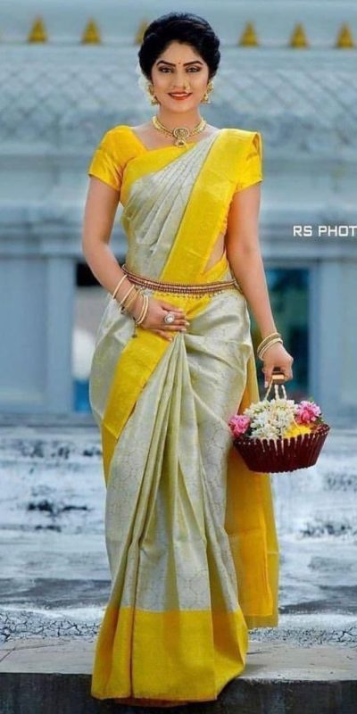 Grand White & Yellow Soft Lichi Silk Cloth Jacquard All Over Saree