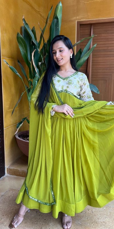 Luminous Green Color Fox Georgette Position Print Work Gown