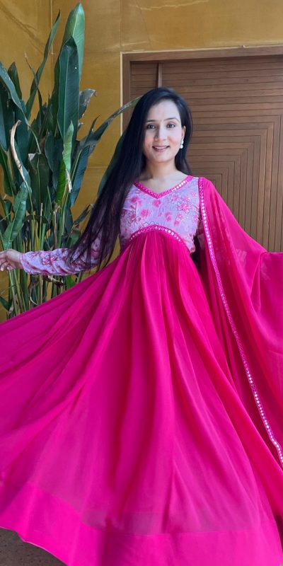 Luminous Pink Color Fox Georgette Position Print Work Gown
