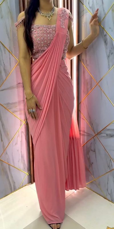Majestic Pink Color Faux Georgette Sequence Embroidery Saree
