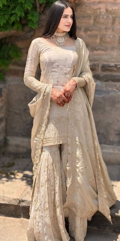 Majestic Cream Chinon Silk Embroidery Sequence Salwar Suit