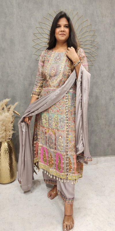 Majestic Grey Color Maslin Printed And Coin Work Salwar Suit