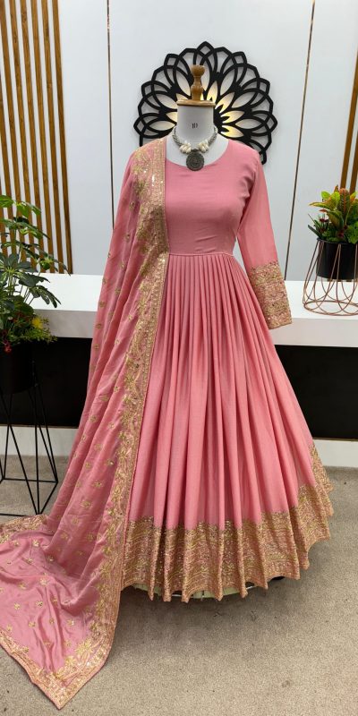 Majestic Peach Color Heavy Chinon Embroidery Sequence Gown