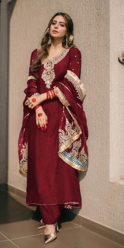 Majestic Red Color Chinnon Silk Embroidery Work Salwar Suit