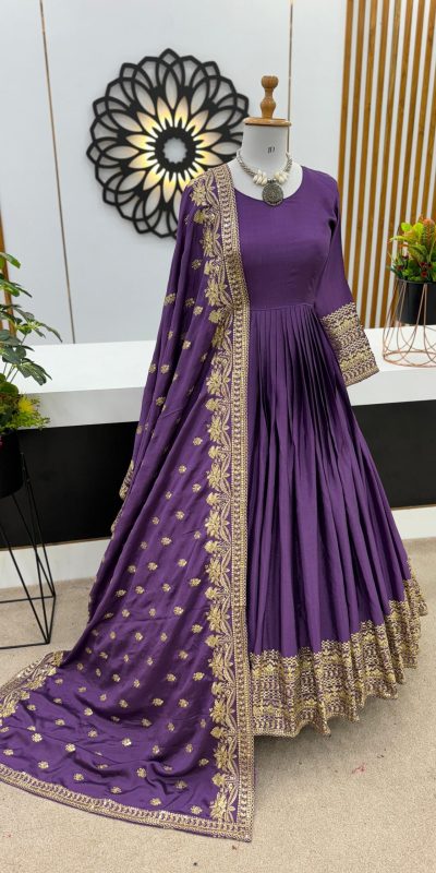 Majestic Violet Color Heavy Chinon Embroidery Sequence Gown