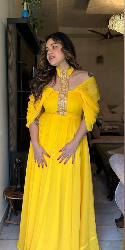 Peaceful Yellow Color Faux Georgette Thread Sequence Gown