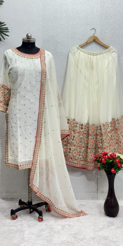 Perfect White Color Georgette Embroidered Sequences Salwar Suit