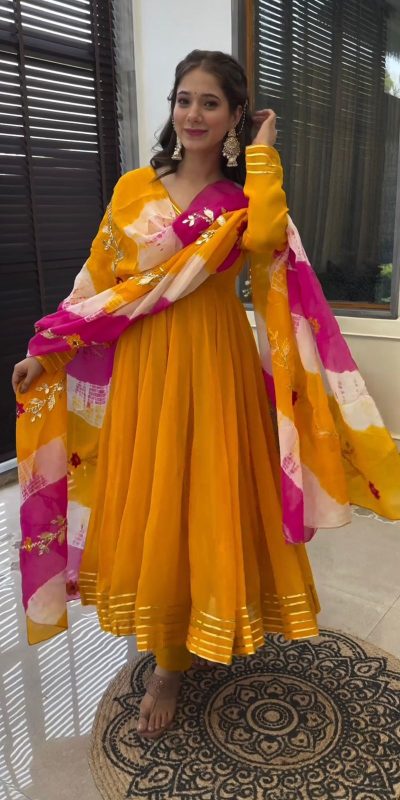 Perfect Yellow Color Chinon Silk Digital Print Dupatta Work Gown