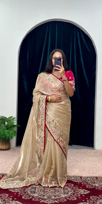 Pretty Golden Color Jimmy Choo Embroidery Sequins Saree