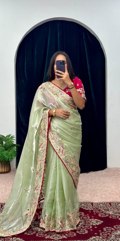 Pretty Green Color Jimmy Choo Embroidery Sequins Saree