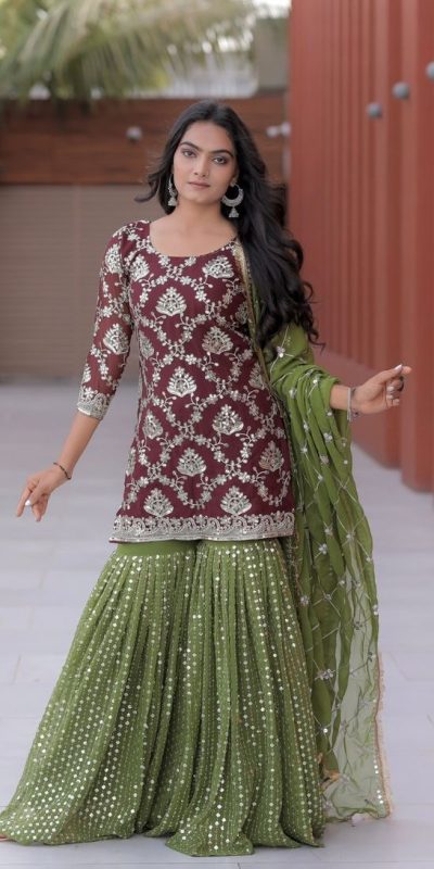Pretty Maroon Color Georgette Embroidery Sequence Salwar Suit