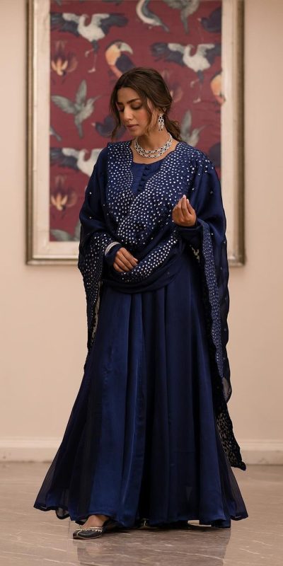 Pretty Navy Blue Color Georgette Embroidery Sequence Gown