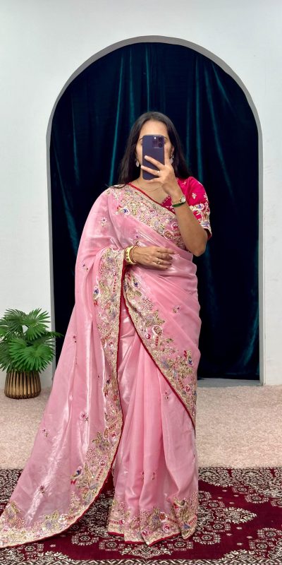 Pretty Pink Color Jimmy Choo Embroidery Sequins Saree