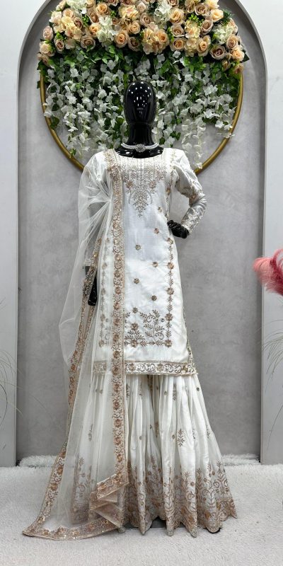 Pretty White Color Chinon Silk Thread Sequence Work Salwar Suit