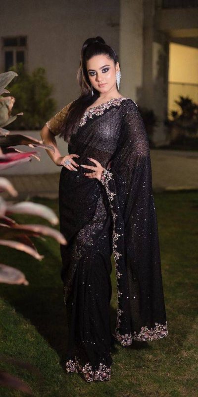 Sightly Black Color Georgette Cotton Thread Embroidery Saree