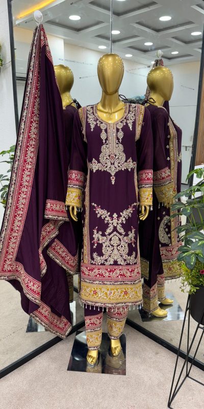 Special Purple Color Chinnon Silk Embroidery Work Salwar Suit