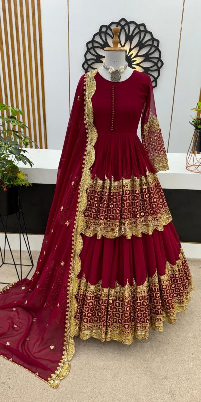 Stunning Red Color Georgette Embroidery Lehenga Choli