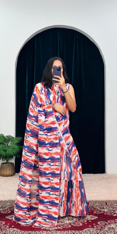 Stylish Blue Color Georgette Digital Printed Work Saree