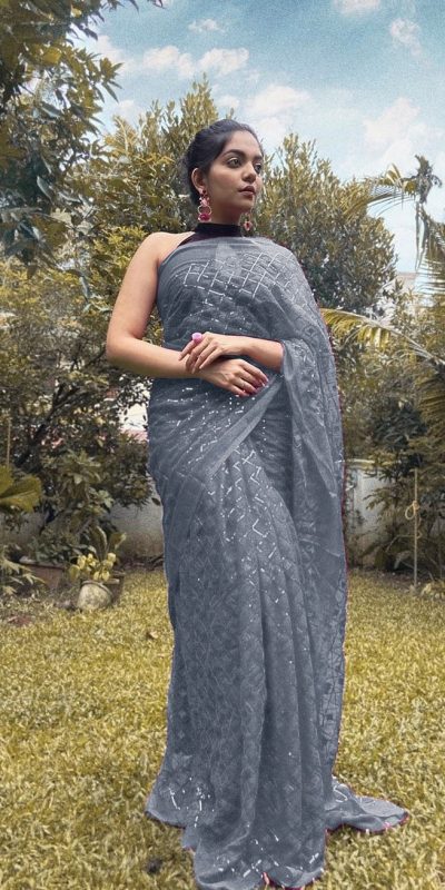 Stylish Cement Color Georgette Fancy Sequence Work Saree