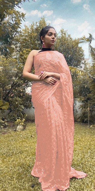 Stylish Light Orange Color Georgette Fancy Sequence Work Saree