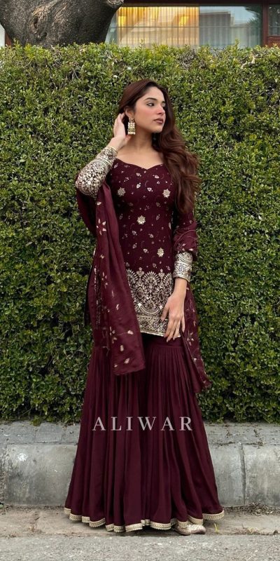 Stylish Maroon Georgette Embroidery Sequence Salwar Suit