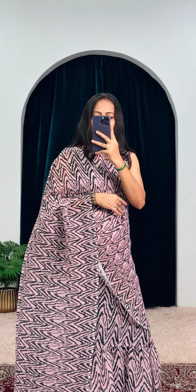 Stylish Peach Color Georgette Digital Printed Ruffle Gown Saree