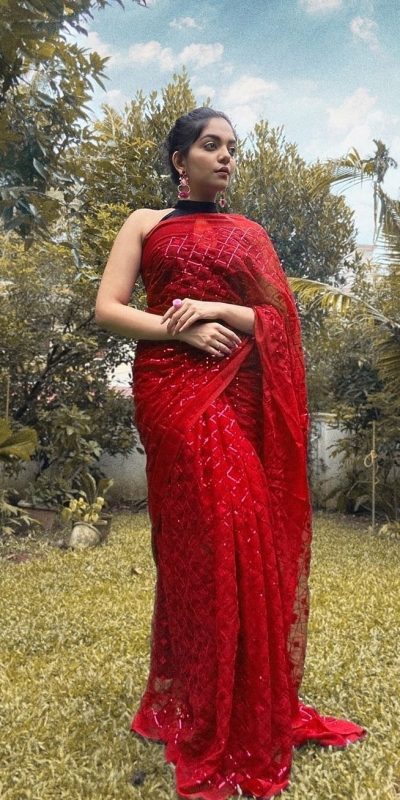Stylish Red Color Georgette Fancy Sequence Work Saree