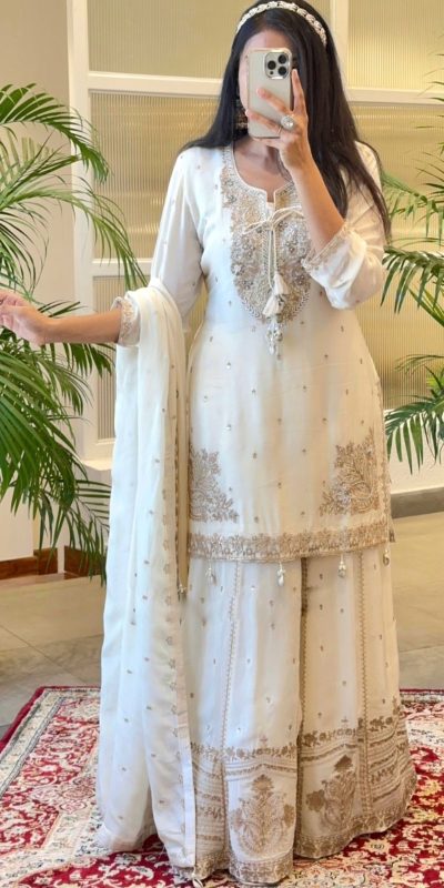 Sublime White Color Chinnon Silk Embroidery Work Salwar Suit