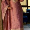 Superb Peach Color Chinnon Silk Embroidery Salwar Suit