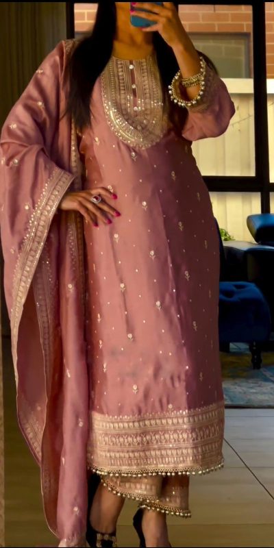 Superb Peach Color Chinnon Silk Embroidery Salwar Suit