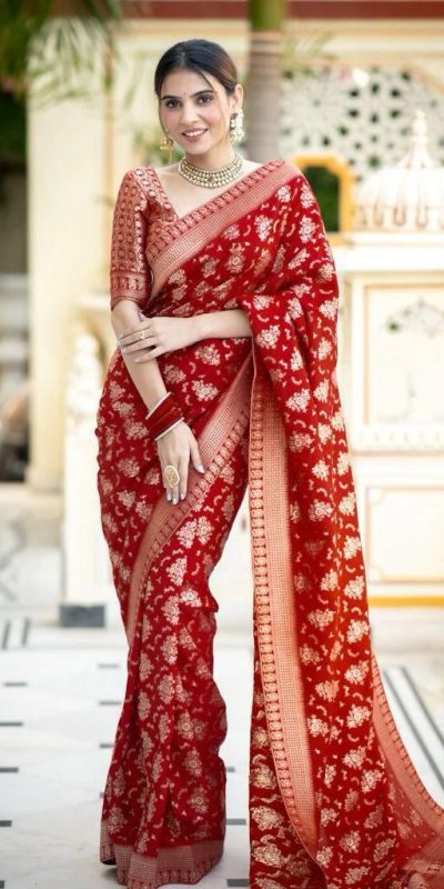 KP 5079 Red Color Soft Lichi Silk Jacquard On All Over Saree Casual, Party Wear, Wedding, Events Etc. Expected Delivery 4-6 Working Days @1449/- | Designer Sarees, Sarees, Bollywood Sarees, Creative Sarees, Embroidered Sarees, Ethnic Saree, Modern Digital sarees, Party Wear Sarees