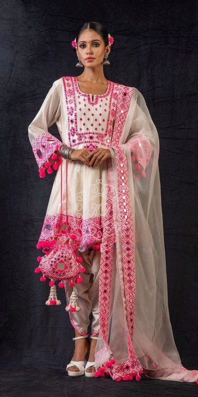 Aglow Cream Rajwadi Silk Embroidery Real Mirror Salwar Suit