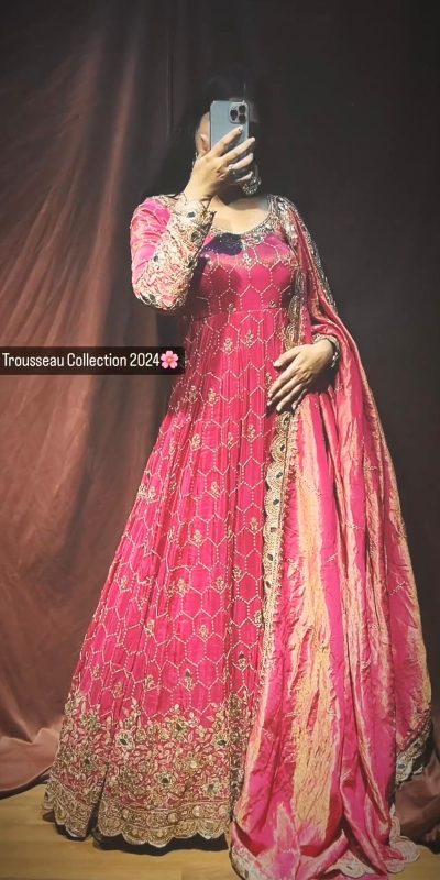 Aglow Pink Color Chinnon Silk Embroidery Sequence Gown