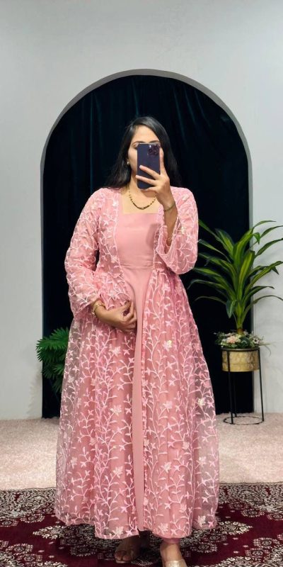 Aglow Pink Color Georgette Embroidery Sequence Gown