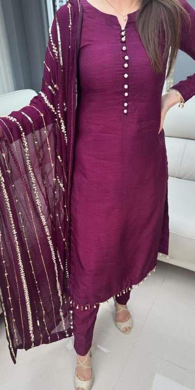 Aglow Purple Chinnon Silk Embroidery Coding Dori Salwar Suit