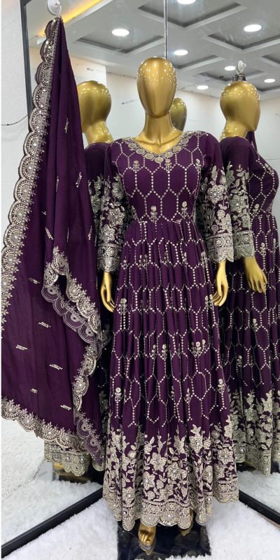 Aglow Purple Color Chinnon Silk Embroidery Sequence Gown
