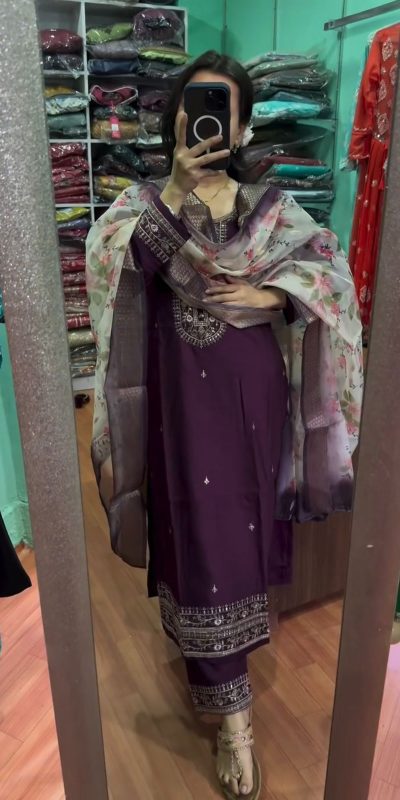Aglow Purple Color Chinon Silk Embroidery Work Sharara Suit