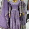 Aglow Violet Color Chinnon Silk Embroidery Sequence Gown