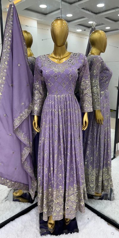 Aglow Violet Color Chinnon Silk Embroidery Sequence Gown