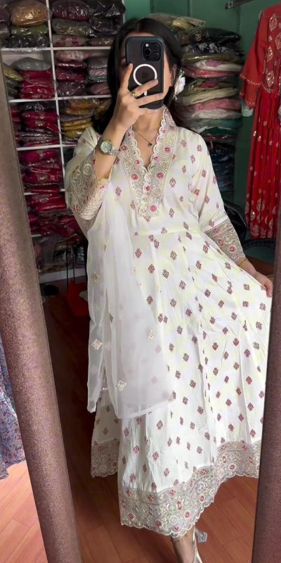 Aglow White Color Pure Maska Silk Embroidery Sequence Gown