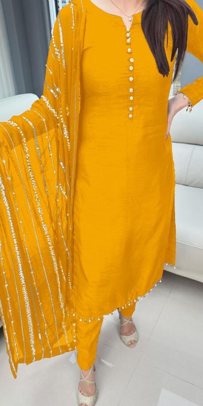 Aglow Yellow Chinnon Silk Embroidery Coding Dori Salwar Suit
