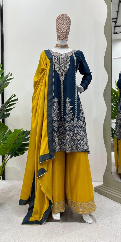 Artful Blue Color Chinon Silk Sequence Thread Work Salwar Suit